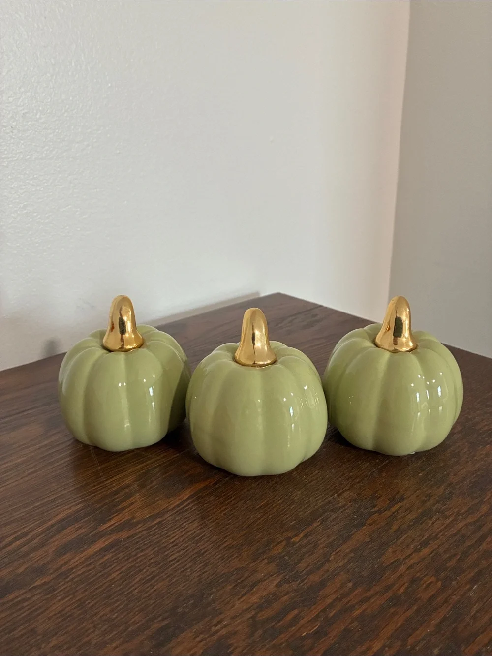 NWT- Set of 3- Glossy Green Ceramic Pumpkin Decorations with Gold Stems